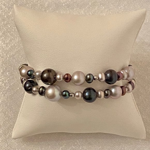 Rich Multi-colored Two-strand Pearl Stretch Bracelet, 6"-9" - Picture 2 of 11